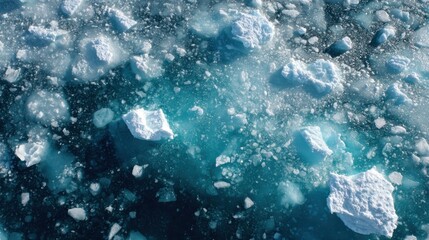 Aerial view of icy arctic waters with floating icebergs and frozen particles scattered