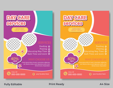 flyer, day care, services, children, kids, education, playing, feeding, nap time, bath time, discount, offer, promotion, contact, phone, location, editable, print ready, A4, template, advertisement, p