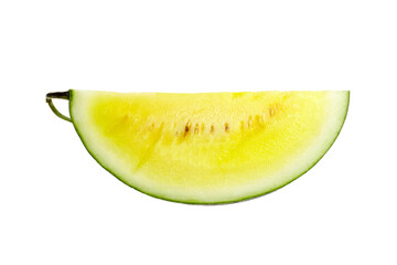 Yellow watermelon slice with vibrant green rind, showcasing juicy texture and seeds, isolated on white background, perfect for summer fruit displays and healthy eating concepts