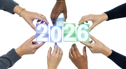 Multiracial Hands Assembling 2026 New Year Blocks On Transparent Background