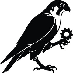 Vector falcon holding a gear industrial technology black and white silhouette illustration