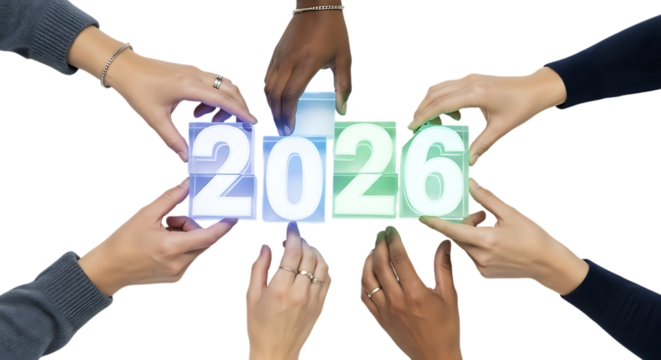 Multiracial Hands Assembling 2026 New Year Blocks On Transparent Background - Powered by Adobe