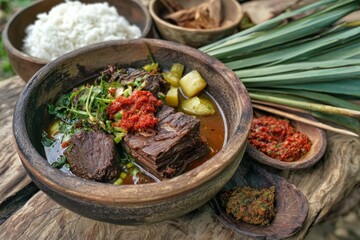 Beef stew with rice and chili sauce