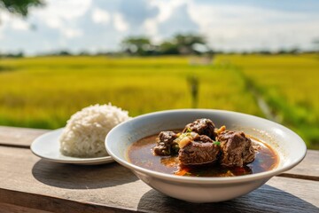 Beef stew with rice and rice field background