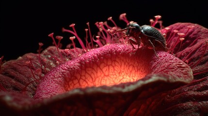 Beetle on a plant with red and pink flower and glowing center on a black backdrop