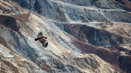 Large bird soars past a terraced landscape of earth tones and jagged formations