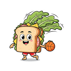 Funny Cartoon Sandwich Playing Basketball Vector Mascot