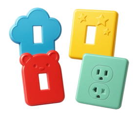 Colorful plastic cover plates for children's bedrooms, adding a playful decor touch.