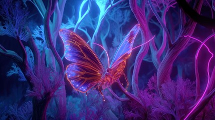 Glowing butterfly in a neon forest