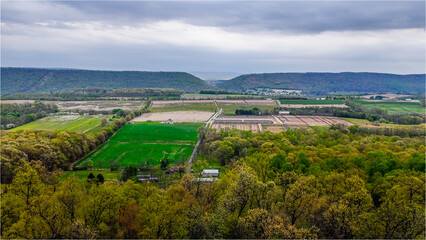 Naklejka premium Aerial landscape of corn and guinea fowl poultry farm rural Appalachia Central Pennsylvania
