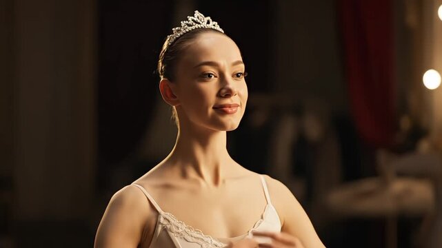 A young graceful ballerina wears a sparkling tiara and adjusts her hair with a soft smile.