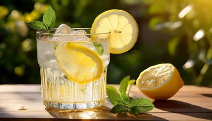 refreshing sparkling lemonade with ice and lemon slices on a table in summer sunlight