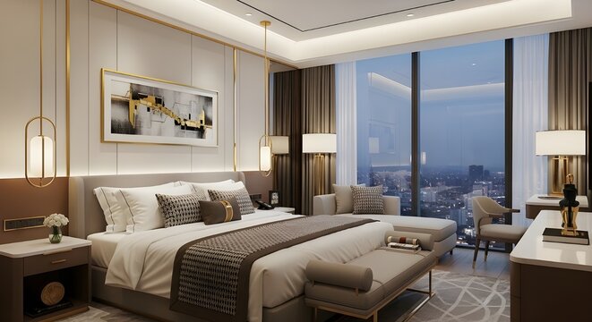 large window view of the city, warm lighting, and sophisticated decor in neutral tones.