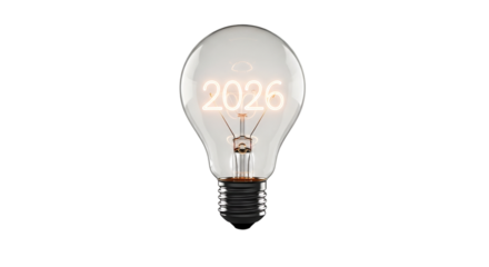 2026 Number Display Inside a Lit Light Bulb with Transparent Background