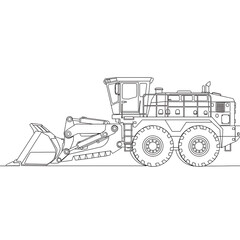 Naklejka premium Industrial Grader Icon: Detailed line art of a heavy-duty industrial grader, showcasing its robust design and functionality for construction and road maintenance projects. 