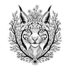 Black and white illustration of a lynx head surrounded by floral elements bobcat wild cat