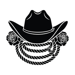 Black silhouette of a cowboy hat with roses and rope on a white background western
