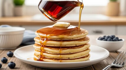 Delicious stack of pancakes with butter and maple syrup being poured on top, served with blueberries on a white plate on a wooden table - Powered by Adobe