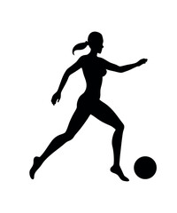 Silhouette of a woman playing football kicking ball action shot