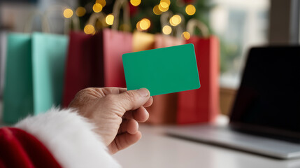 Santa claus hand holding a blank green gift card with christmas shopping bags and festive lights in the background showing holiday shopping and online gift concept.