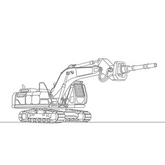 Construction Excavator: A detailed line drawing showcases the heavy machinery, emphasizing its robust design and essential role in construction and infrastructure. 