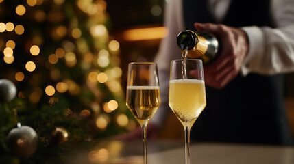 Waiter pouring sparkling champagne into elegant glasses during a new year's eve party with a blurred warm gold christmas tree in the background.