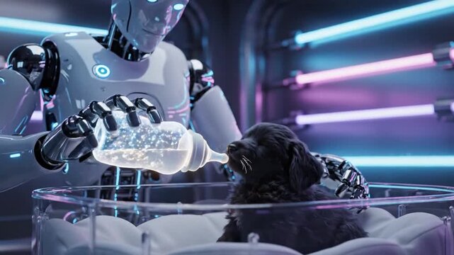 Futuristic Robot Feeds Puppy with Glowing Bottle in Neon-Lit Futuristic Nursery