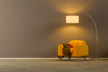 Scene with yellow arm chair and metal shiny floor lamp in empty room with big brown wall in background - 3D render