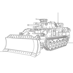 Military Vehicle Illustration: A detailed line drawing of a military vehicle, showcasing its rugged construction and functional components. The vehicle features a large blade.