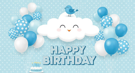 Happy birthday background with cute cloud, bird and balloons in blue tones