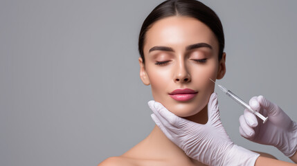 Beautiful woman receiving a cosmetic facial filler injection in gray background. 