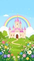Cartoon illustration of a fairytale castle atop a flowering hill