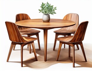 modern wooden table with chairs cutout isolated on white white background generative ai