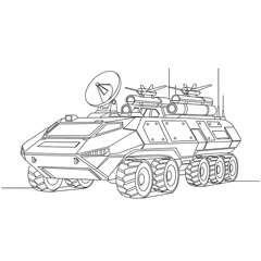 Military Vehicle Blueprint: A detailed outline of a robust military vehicle, showcasing its advanced design and technological features against a neutral backdrop.