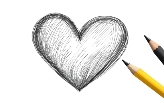 Hand drawn cartoon pencil sketching a heart filled with love creativity and artistic expression isolated on transparent background PNG
