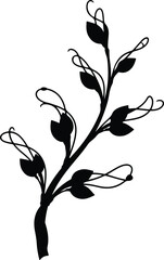 Vector stylized branch with leaves minimal black silhouette illustration