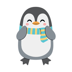 Adorable little penguin wearing a striped scarf. Isolated background. Flat-style vector illustration