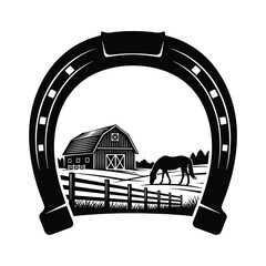 Horseshoe With Barn Horse And Fence Silhouette vector illustration