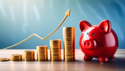vibrant red piggy bank with golden coins and rising financial growth graph