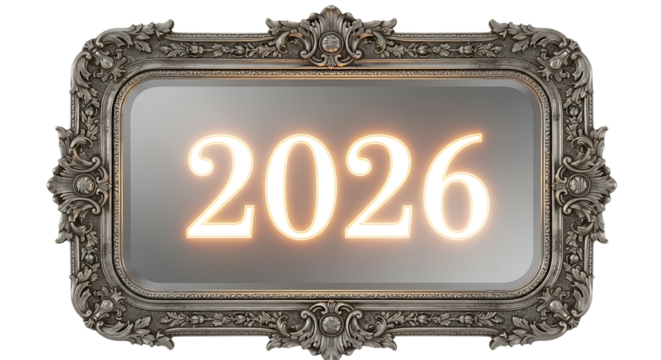 Glowing Number 2026 in Silver Frame Future Year Shiny Digits Transparent Background