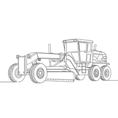 Precision Earthwork: A detailed line drawing showcases the robust design of a road grader, a heavy-duty construction machine essential for land grading and road construction.