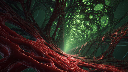 A futuristic view of the blood-brain barrier, a dense vascular network protecting the brain.