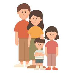 Flat cartoon vector illustration of a happy family with father, mother, son and daughter. Parenting and love concept in minimal flat design style, perfect for lifestyle and people themes.