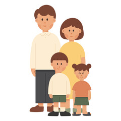 Flat cartoon vector illustration of a happy family with father, mother, son and daughter. Parenting and love concept in minimal flat design style, perfect for lifestyle and people themes.
