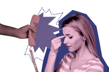 Sketch design trend artwork poster 3D collage of hr business human resources hand hold landline phone headache young lady tired pressure