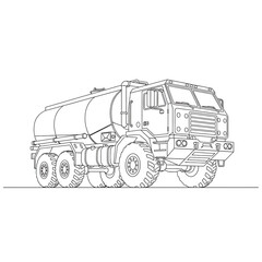Tank Truck Illustration: A detailed line drawing showcases a robust tank truck, highlighting its large tank and heavy-duty features, ideal for industrial or transport-themed projects.