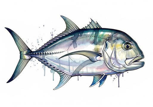 Giant Trevally fish watercolor , animal fish underwater life, white background
