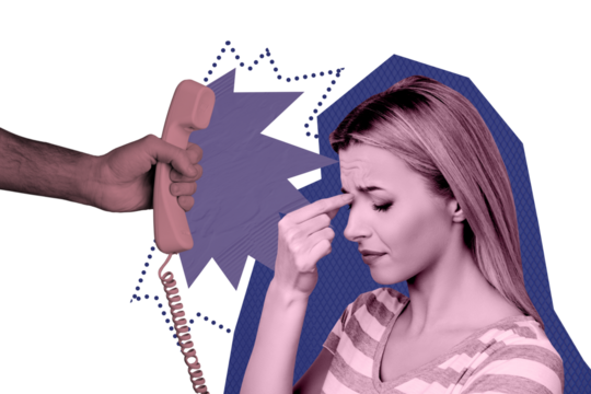 Sketch design trend artwork poster 3D collage of hr business human resources hand hold landline phone headache young lady tired pressure