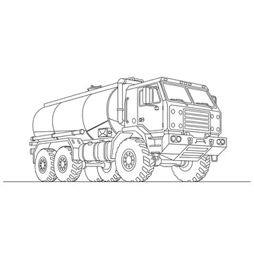 Tank Truck Illustration: A detailed line drawing showcases a robust tank truck, highlighting its large tank and heavy-duty features, ideal for industrial or transport-themed projects.
