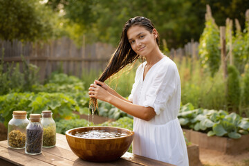Woman rinsing hair with herbal infusion outdoors in eco garden, concept for organic beauty, hair wellness, and natural care banners

